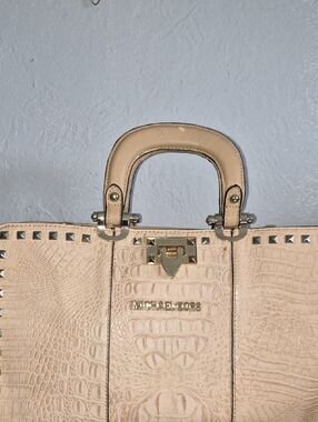 Michael Kors Beige Croc-Embossed Stud Satchel